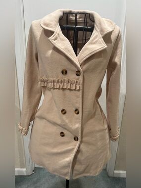 Girl Cream Double-Breasted Ruffle Wool-Blend Coat